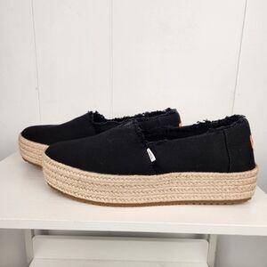 Toms Valencia Platform Espadrille Womens 9 Black Canvas Shoes Beachy Slip-On